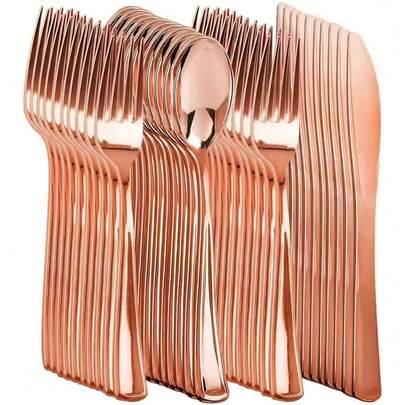 5/10 piezas Juego de vajilla de fiesta en color oro rosa, Cubertería dorada, Juego de cuchillo, tenedor y cuchara de color dorado adecuado para reuniones, bodas, cumpleaños, fiestas, eventos al aire libre