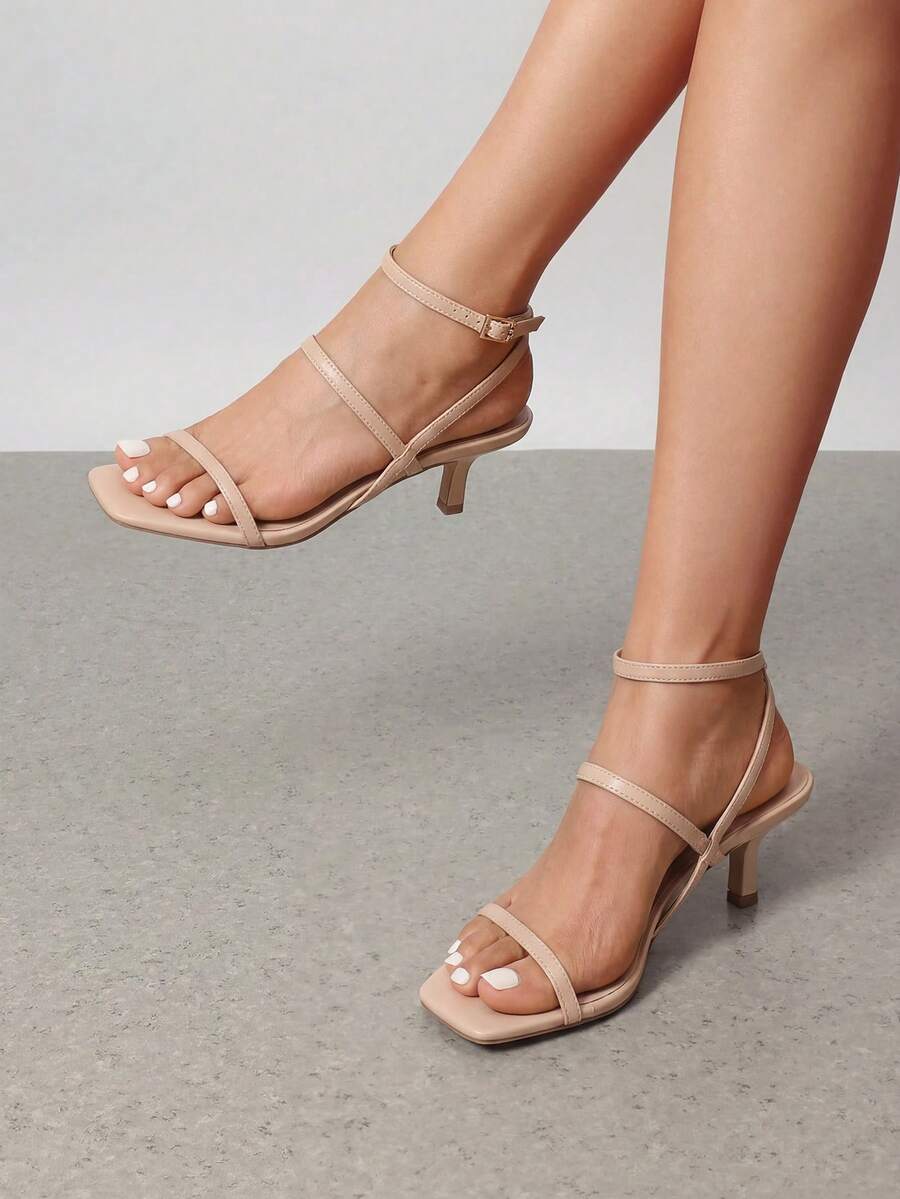 Women Kitten Heel Strappy Heeled Sandals Fashion Square Open Toe Ankle Buckle Heeled Sandals Wedding Party Dress Shoes - 裸色/PU - 查看 1