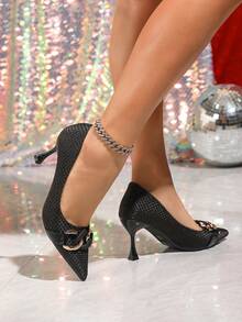 Women's Pointed Toe High Heel Pumps, Kitten Heel, Ankle Strap, Versatile For Party, Outdoor, Work, Buckle Decor, Breathable, Apricot Color - Black - View 11