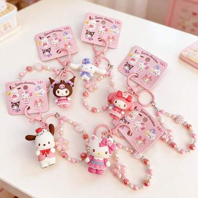 Miniso 三丽鸥 Hello Kitty/Cinnamoroll/My Melody/Kuromi/Pochacco 樱花系列手带扣，樱花串珠挂绳 + 3D 娃娃吊坠，便携式防丢钥匙扣和包包挂饰（1 件装）