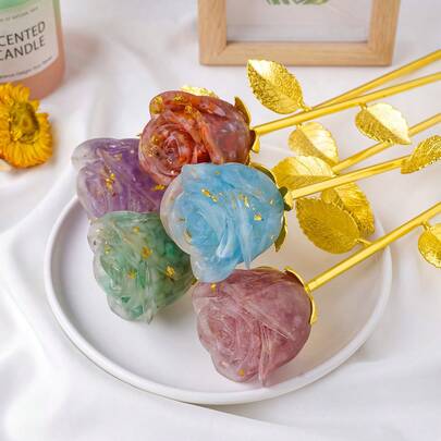 1件天然水晶工艺品玫瑰石英花雕像疗愈宝石情人节金棒玫瑰花婚礼礼物春季花园装饰