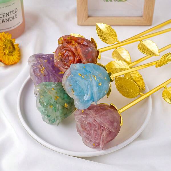 1PC Natural Crystal Crafts Rose Quartz Flowers Statue Healing Gemstone Valentines Day Gold Rod Rose Flower For Wedding Gifts Spring Garden Decoration