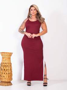 Plus Size Curvy Style Strappy Dress With Thin Straps, Side Slit, Ribbed Fabric, Extra Large, Long, Elastane, For Formal Parties And Maternity Wear. - Burgundy - View 3