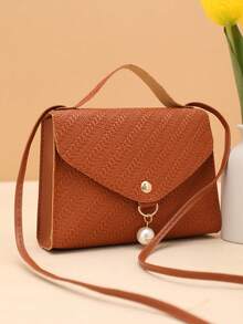 Bolso bandolera de unicolor con textura de hierba y decoración de perlas - Marrón - Ver 2