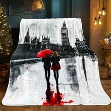1pc Romantic London Couple With Red Umbrella & Big Ben Design Soft Warm Lightweight Flannel Blanket - All-Season Cozy Throw For Sofa, Bed, Travel, Camping - Perfect Gift For Family, Friends, Adults, Plush Blanket - White - View 5