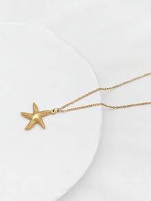 1pc 18K Gold Plated Stainless Steel Bohemian Ocean Style Starfish Pendant Necklace - Adjustable Side Chain, Luxury Minimalist Design, Suitable For Daily Wear And Gift, Ocean Life Necklace - Yellow Gold - View 2