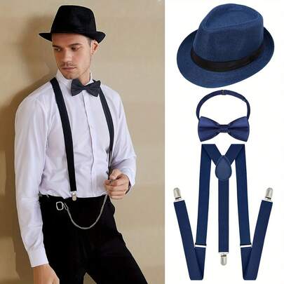 3pcs 1920s Style Men's Clothing Accessory Set, Hat, Tie And Suspender Belt, Fashionable Dressing Accessory Set, Party And Holiday Dressing Accessories, Banquet Accessories Gentleman Set, Suitable For Party Decoration, Party And Dance Dress Accessories.