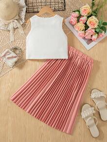 Girls' Casual Bow Print Sleeveless Top And Pleated Long Skirt 2 Pieces Set, Suitable For Spring/Summer - Pink - View 2