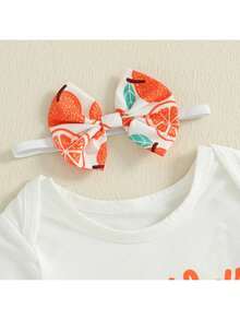 Half Way To One Newborn Baby Girls Birthday Outfits Letter Print Romper Bodysuit Top + Strawberry/Ice Cream/Orange/Watermelon Print Shorts + Bow Headband 3Pcs Clothes Set - 亮橙色 - 查看 7