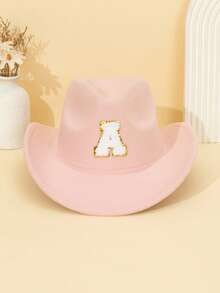 1pc Unisex Children's Letter Decor Pink Felt Brimmed Hat, 26 Letters Available, American Western Cowboy Style, Outdoor Casual Sun Hat For All Seasons, Suitable For Daily Wear, Parties, Outdoor Activities, Children's Gift - Pink - View 41