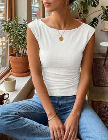 Women's Summer Ruched Top 2026 Cap Sleeve Boat Neck Spring Tops Going Out Tee Shirts Fashion - trắng - Xem 3