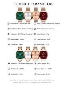 POEDAGAR 1件女士优雅玫瑰金不锈钢石英腕表，防水，网状表带，椭圆形表盘设计，时尚女士腕表，适合日常佩戴，女士礼物 - 玫瑰金 - 查看 9