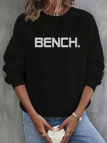 Women's Y2K Style Burgundy Sweater With Bold White 'Bench' Letter Print - Long Sleeve Crew Neck Pullover Sweater With White Cuffs And Hem, Suitable For All Seasons Casual And Semi-Formal Wear, Layerable (Machine Washable) - Minimalist Aesthetic, Y2K Fashion Letter Print Sweater, Fashionable And Comfortable, Suitable For Layering Or Wearing Alone, Elegant Modern Design With 'Bench' Letter, High-Quality Women's Winter Sweater, Oversized Sweater, Women's Winter Sweatshirt, American Women's Sweater, Embroidered Sweatshirt 2025 - 黑色 - 查看 17