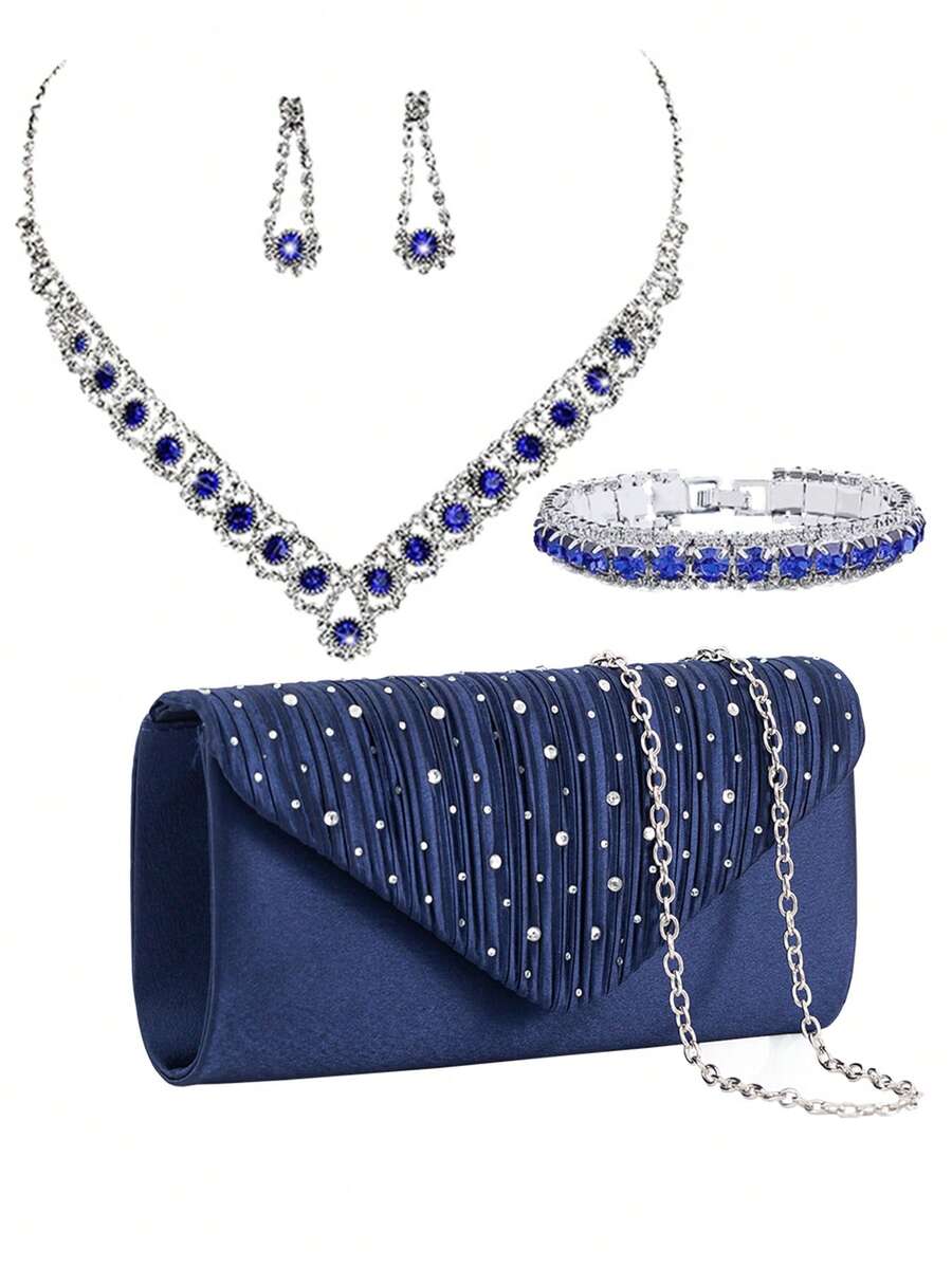 4pcs Women's Fashion Versatile Luxury Crystal Clutch Bag, Evening Bag, Dress Party Bag, Chain Shoulder Bag, Crystal Claw Chain Necklace, Earrings, Bracelet, Party Jewelry Set - Blue - View 1