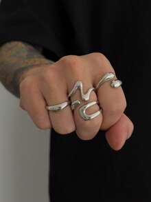 4pcs/Set Casual Minimalist Geometric Liquid Teardrop Metal Ring Set, Fashionable Punk Charm Jewelry For Men - Teardrop Ring - View 2