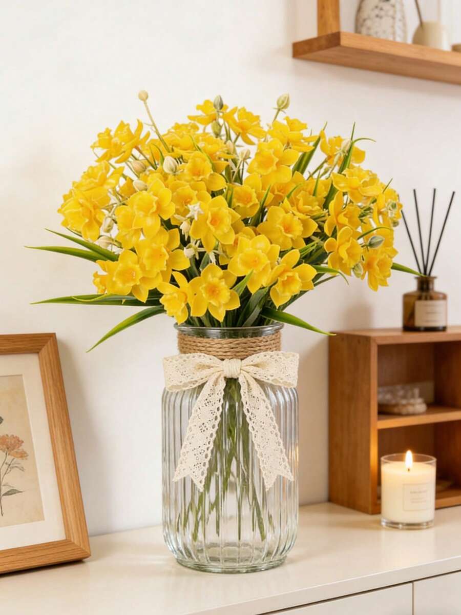 1/3/60 bông hoa thủy tiên nhân tạo bằng lụa, cao 37cm, chống tia UV, trang trí nhà cửa trong nhà/ngoài trời, bó hoa màu vàng và trắng sống động như thật, vật trang trí bàn tiệc cưới. - Màu vàng - Xem 1
