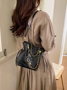 Casual Minimalist Diamond Embroidery Drawstring Bucket Bag, Lightweight Large Capacity Women's Shoulder & Crossbody Bag, PU Material - Black - View 6