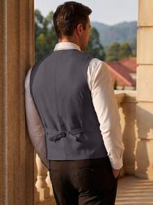 Men's Linen V-Neck Solid Color Suit Vest Casual Waistcoat For Groomsmen Beach Wedding Party - Grey - View 5