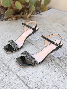 1 par de sandálias de salto alto com sola grossa e transparente, ideais para adolescentes - Sandálias de verão com strass preto. - Preto - Ver 7