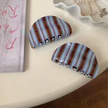 1pc New Blue Coffee Striped Series Hair Claw, Korean Version Acrylic Retro Clip, Girl's Back Head Hair Disc, High-End Versatile Ponytail Clip Women's Accessory - 霧霾藍 - 查看 4