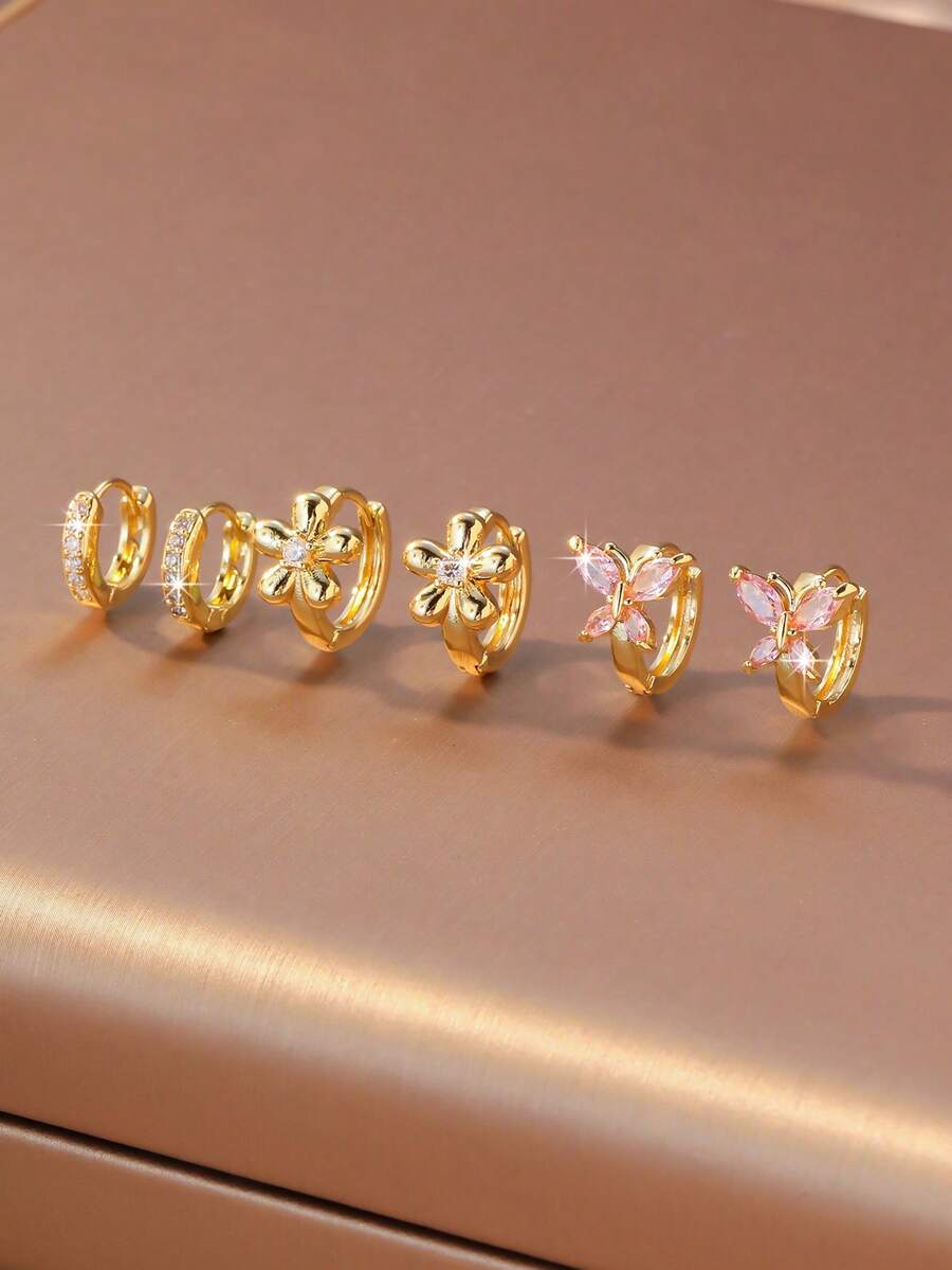 3对/套 微镶锆石花朵蝴蝶耳环，优雅百搭，适合学生佩戴 - 耳環套裝 - 查看 1