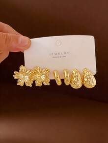 4-16pcs New Fashionable Chinese Style Bamboo Knot, Bow, Sunflower, Fan Shape Multi-Element Women Earring Set, Low Allergy Fashion Jewelry CCB Earrings, Suitable For Gifts And Daily Wear All Year Round - Gold - View 8