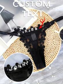 Custom Diamond-Encrusted Comfortable Lace Breathable Thong For Women - Black and Silvery - View 3