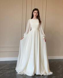 Fashion Lantern Pearl White Wedding Dress Round Neck Gown - trắng - Xem 7