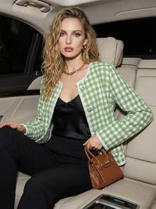 Women's Luxury Green Gingham Tweed Jacket, Elegant Pearl Trim Spring Outfit, Chic Old Money Aesthetic For Spring Break Casual Streetwear Blazer - Green - View 11