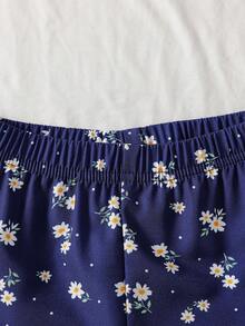 两件套：韩版女童碎花荷叶边阔腿裤和上衣，2025夏季新款，时尚女童套装 - 藍色 - 查看 9