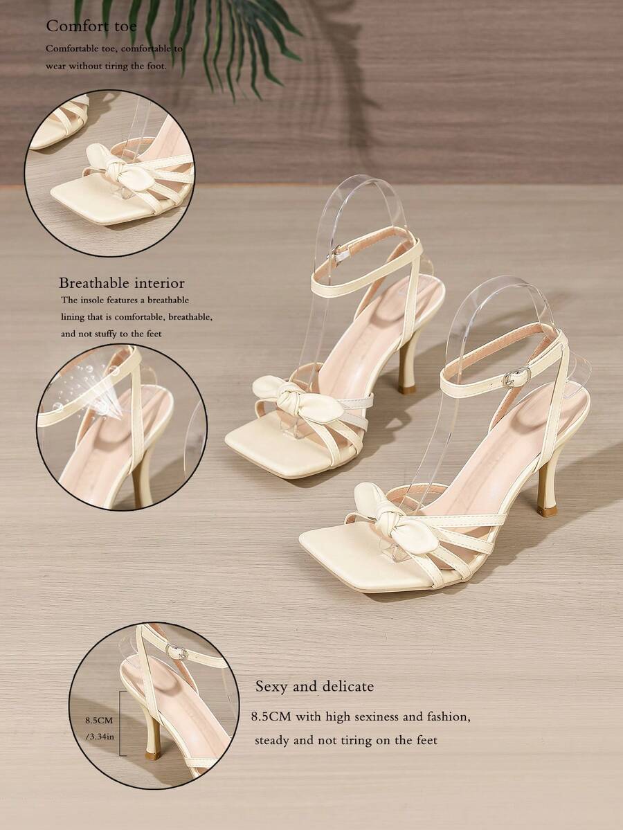女士白色方头细高跟凉鞋，时尚性感，搭配连衣裙，日常通勤自信之选，蝴蝶装饰更适合派对和宴会。 - 米色 - 查看 1