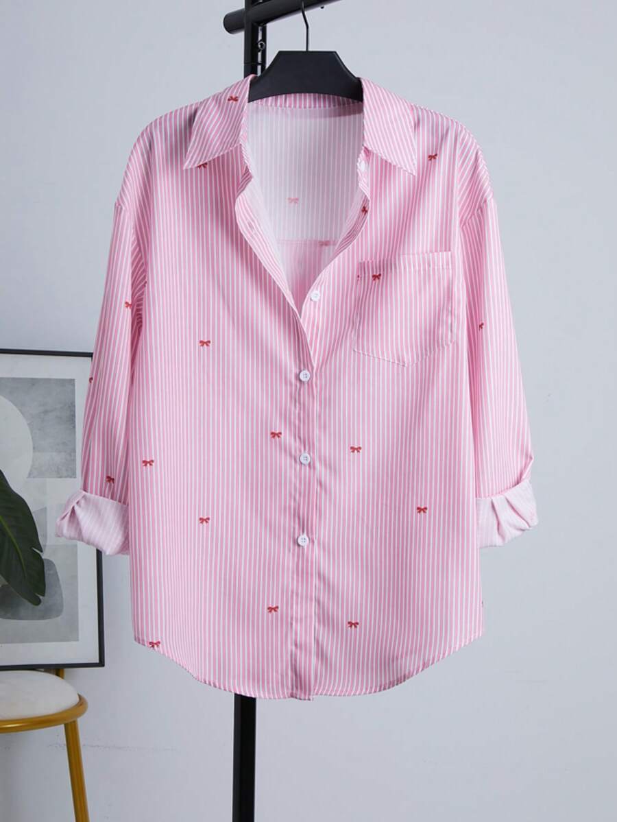 Women's Striped Bow Pattern Simple Casual Long Sleeve Shirt Pink Spring - Pink - View 1