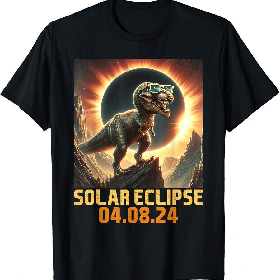 Camiseta del eclipse solar de 2024 con el dinosaurio North AT Rex - Negro 2 - Ver 1