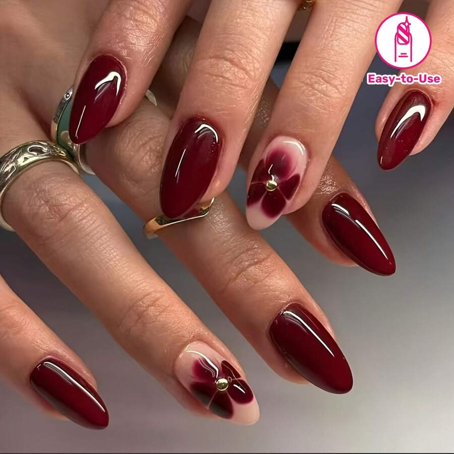 24pcs Short Press-On Nails |   Droplet Shape With Wine Red & Goldenenen Bead Floral Design, Glossy, Easy Application Daily Wear & Special Occasions, Includes Tools - 婦女和女孩 - 查看 1