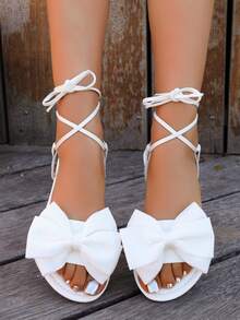 YuanQian New Women's Flat Bow Banquet Shoes, Roman Style Flat Sandals, Wedding Beach Vacation Elegant Cross Strap Sandals, White - White - View 5
