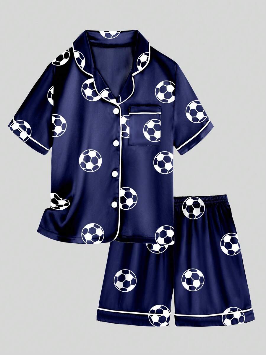 2pcs Tween Boy Blue Soccer Short Sleeve Shorts Pajama Set