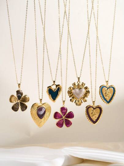 1 pieza Collar de acero inoxidable chapado en oro de 18K con colgante de corazón de gota de agua púrpura, corazón blanco 3D brillante, corazón de flor púrpura, corazón de flor azul, corazón de gota verde, flor púrpura, flor de café, hipoalergénico, adecuado para uso diario y como regalo para mujeres en días festivos