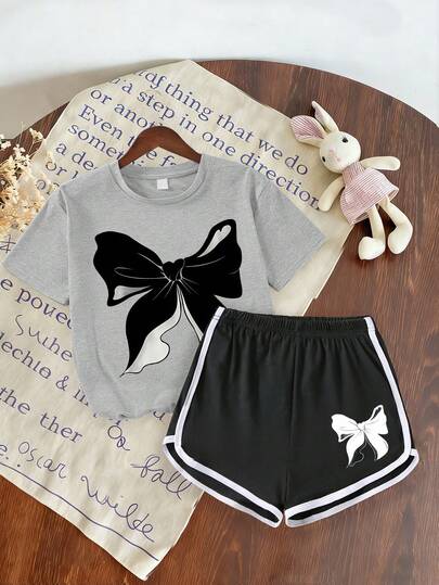 2pcs/Set Cute Bow Design Round Neck Short Sleeve T-Shirt + Casual Shorts, Minimalist Casual Short Sleeve Top And Shorts Set For Teenage Girls, Summer