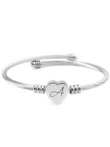1pc Stainless Steel Heart-Shaped Bangle With 26 Alphabet Letters, Unisex Fashion Minimalist Style Bracelet, Suitable For Daily Wear, Parties, And Gifts - Silver - View 22
