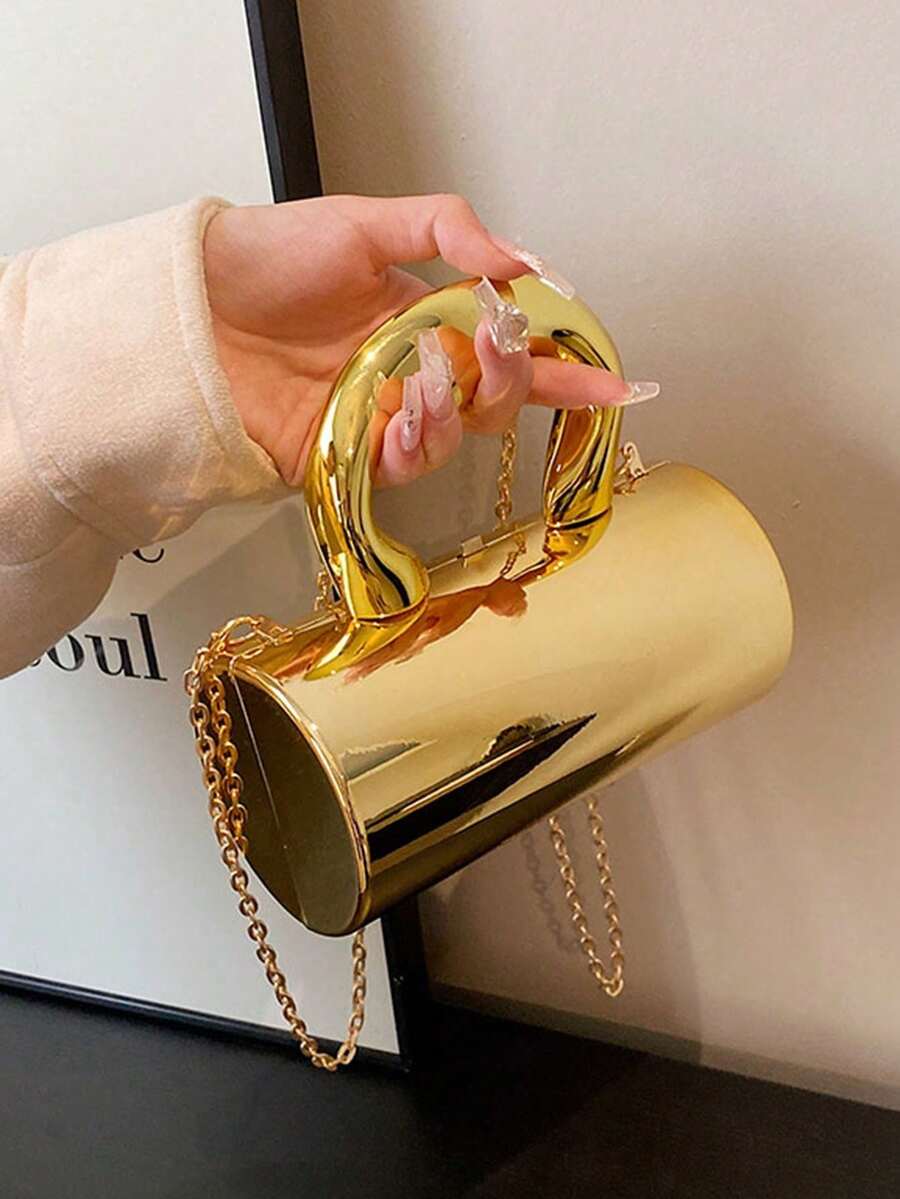 Solid Color Acrylic Box Bag, New Fashion Personalized Handle Handbag, Cylinder Shaped Chain Shoulder Crossbody Bag, Phone & Coin Purse, Suitable For Work, Commute, Date, Shopping, Travel, Romantic Valentine's Gift For Couples - Vàng - Xem 1