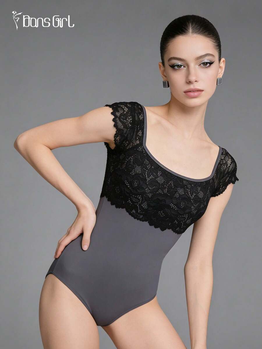 DonsGirl Women's Sweet Princess Ballet Leotard, Short Sleeve, Lace Patchwork Hollow Back Design, Figure Skating And Dance Performance Outfit - Xám - Xem 1