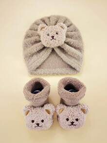 2件装 1-6个月婴儿加厚卡通熊毛绒针织帽和袜子套装，新生儿可爱保暖抓绒帽袜套装，秋冬季 - 彩色 - 查看 21