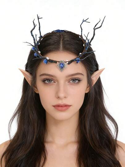 1pc Vintage Elegant Women's Metal Ox Horn Headband With Forest Branch Decor, Natural Fairy Mori Style Brow Band