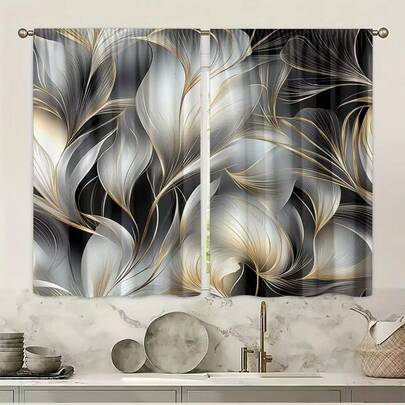 2 pièces Rideaux à motif floral moderne, rideaux en tissu polyester semi-transparent imprimé de fleurs dorées, lavables en machine, avec passants pour tringle (tringles non incluses), convenant pour le bureau, le salon, la chambre, la salle à manger, la cuisine, la salle de bain, le bureau. Rideaux semi-transparents faciles à installer, décoration d'intérieur pour tous les jours, convenant pour toutes les saisons