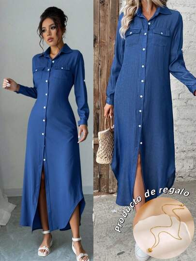 Vestido camisero de mujer con mangas enrollables, vestido largo para mujer, ropa de otoño para mujer