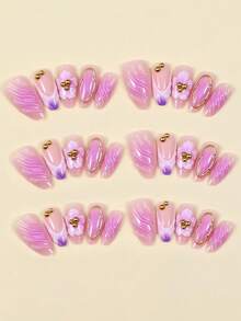 30pcs French Purple 3D Flower Press On Fake Nails , Nails Supplies Art Perfect For Everyday Wear - Multicolor - View 4