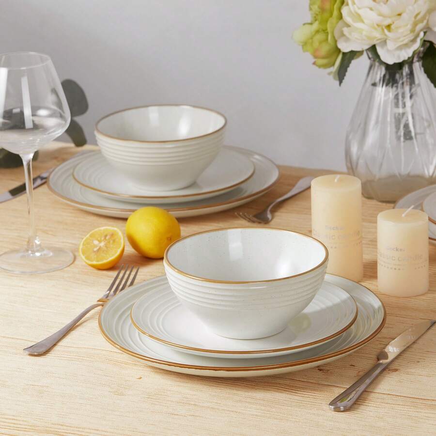 Richmount 12 Pieces Dinnerware Set, Plates And Bowls Sets For 4, Including Dinner Plates, Salad Plates And Cereal Bowls, Dishwasher And Microwave Friendly - White - View 1