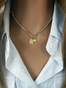 1pc Minimalist Elegant Women Necklace With Letter & Round Pendant, Fashionable For Party Or Holiday Wear - Gold - View 12