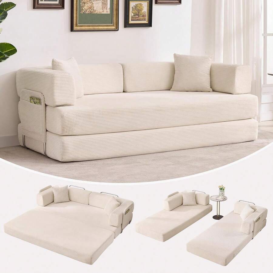 Dragonpad 5-In-1 Convertible Oversized Corduroy Sofa Bed With 2 Pillows, 78.8inch Wide Sleeper Futon Couch, Sturdy Frame, No Assembly Needed, Multi-Functional Floor Chaise Lounge For Living Room & Bedroom - 米色 - 查看 1