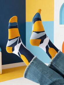 1/3 Pairs Unisex Leaf Print Geometric Nature Themed Artistic Design Combed Cotton Casual Crew Socks, Suitable For Travel, Home, Office, Holiday Gifts - Multicolor - View 9